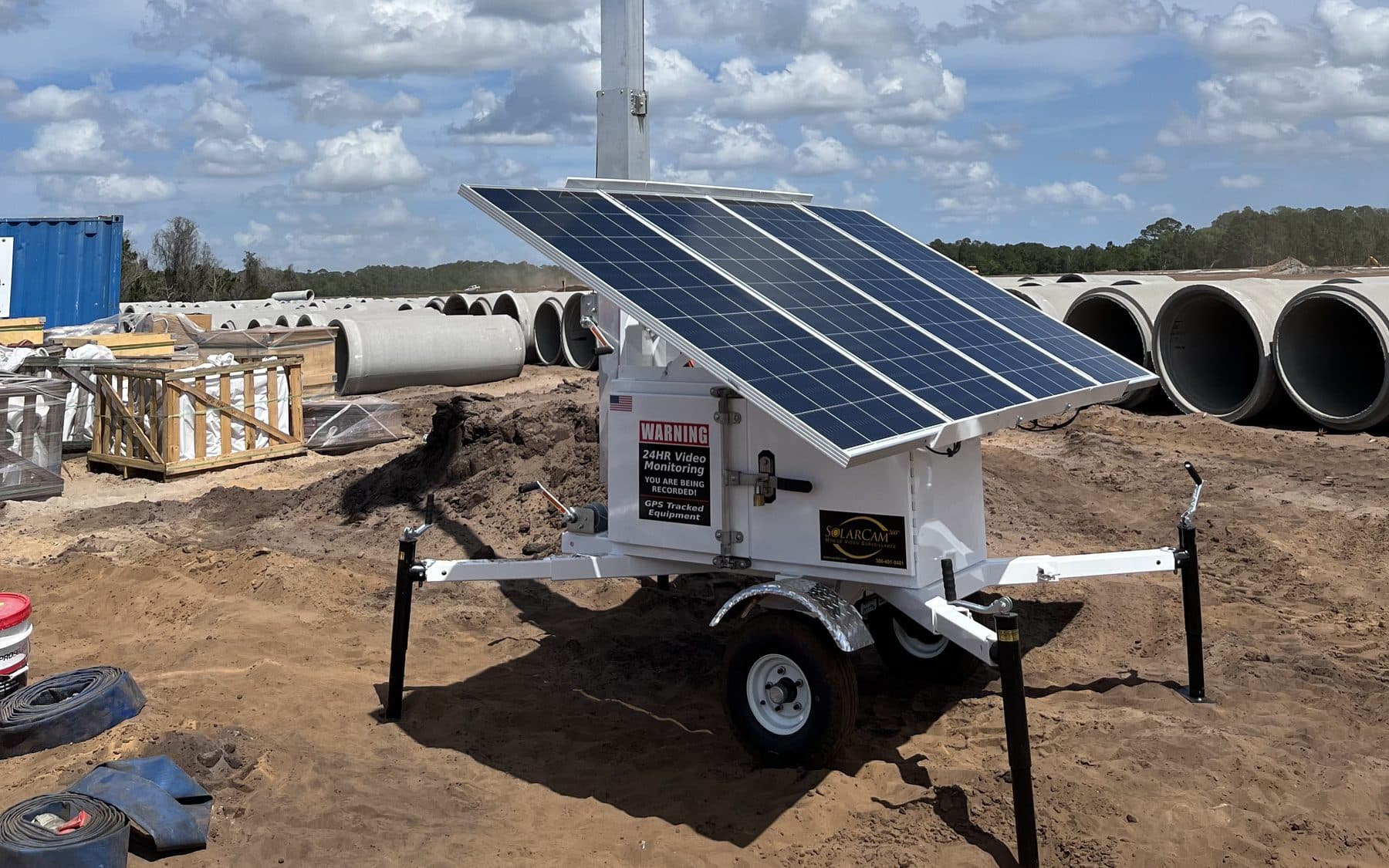 SolarCam360 G7 solar mobile trailer deployed on an active construction site